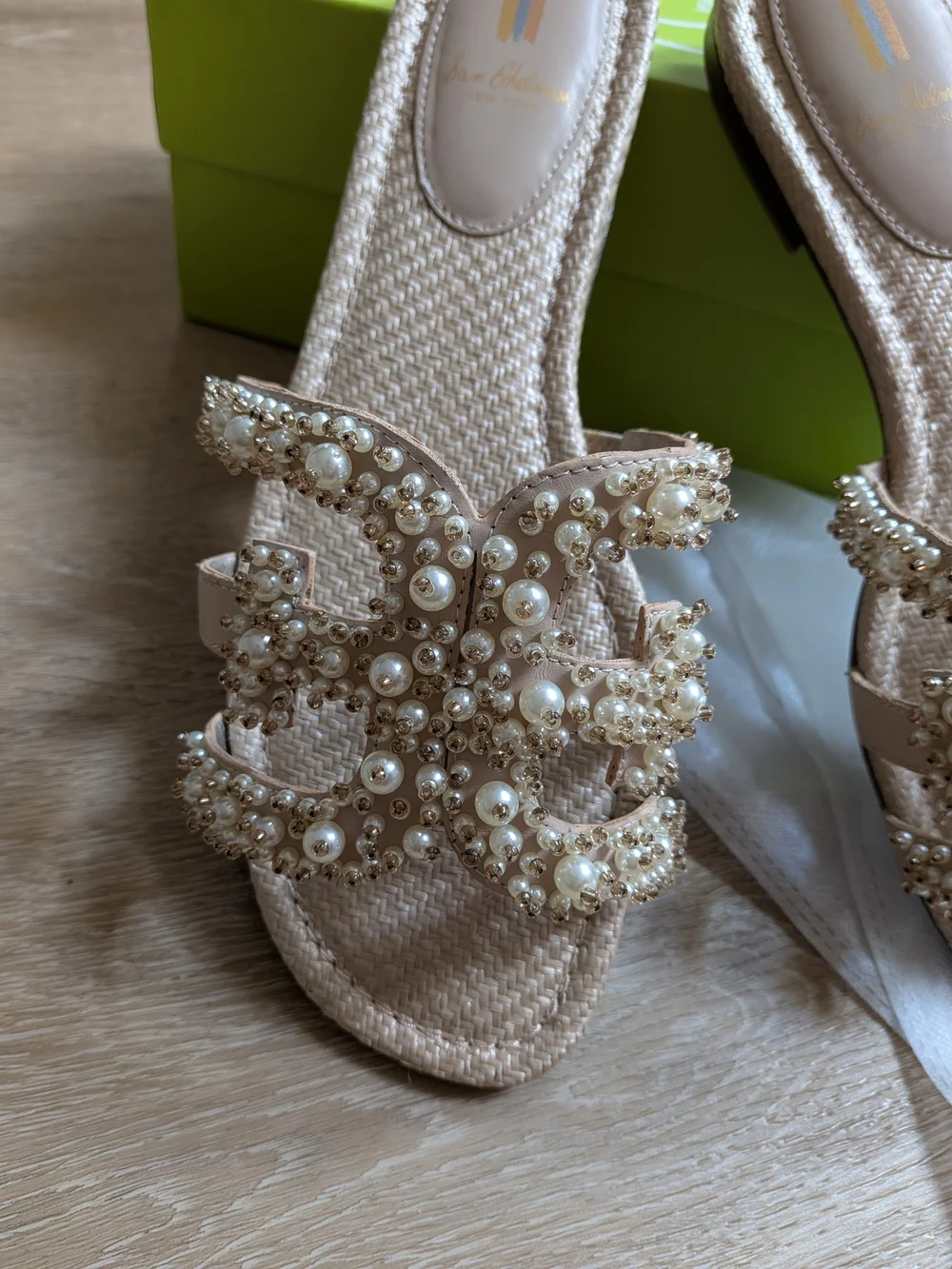 Sam Edelman Bay Perla Nappa Beaded Pearl Embellished Neutral Slide Sandals 11
